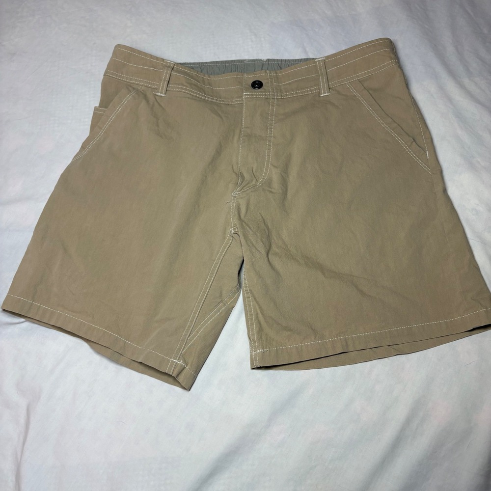 Kuhl Mens Hiking Shorts Tan Khaki Cotton Nylon Stretch Size 36 Contrast Stitch